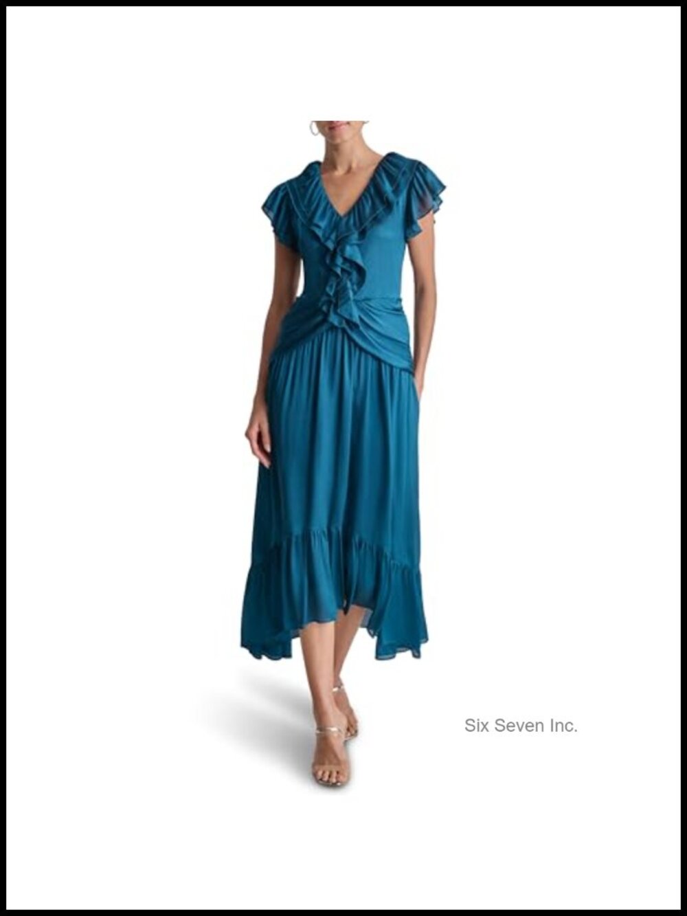 Sleeveless V-Neck High Low Hem Ruffle Front Midi Dress